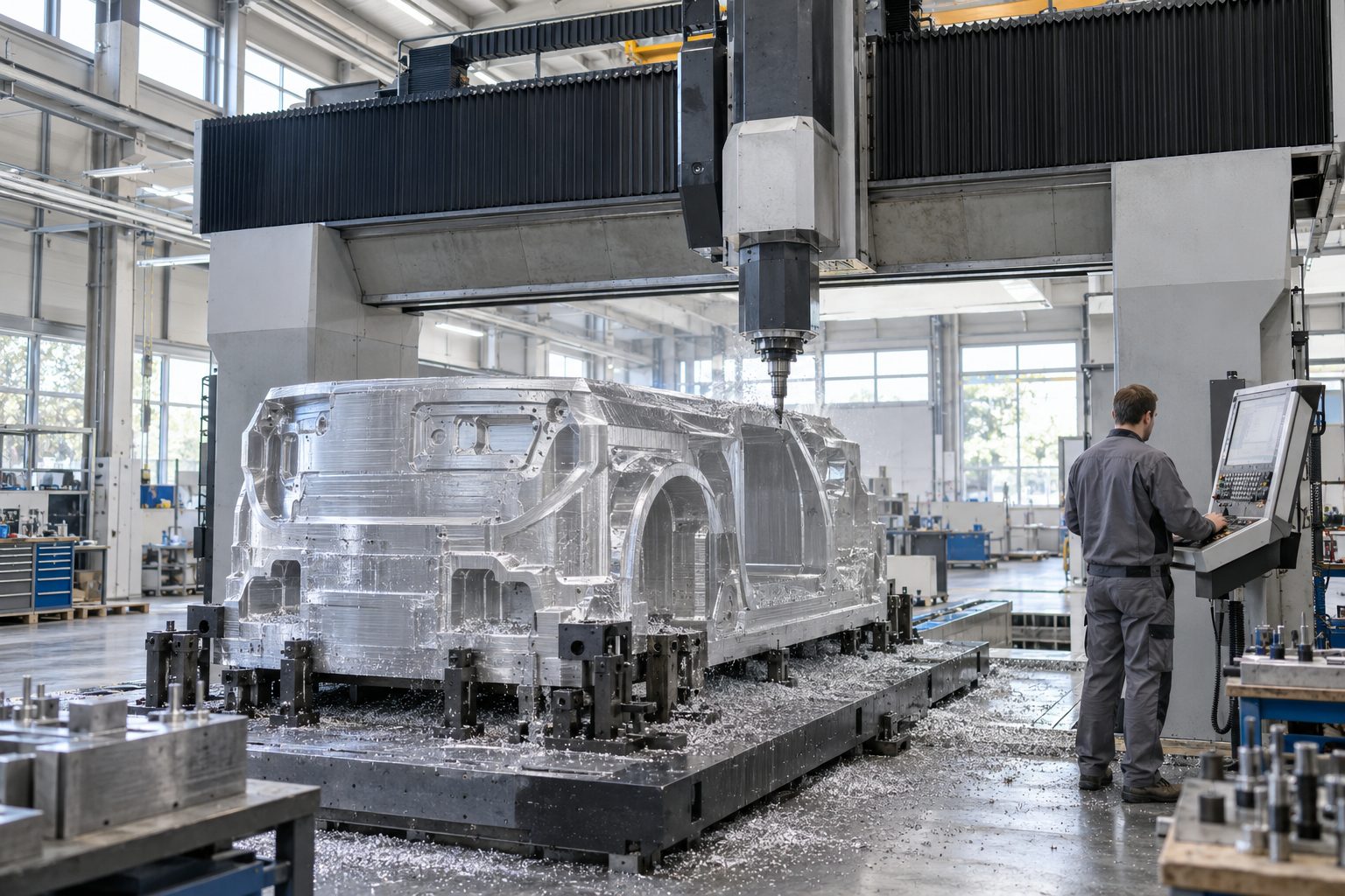 5-Achs-Portalfräsmaschine fräst ein Aluminium-Cubing